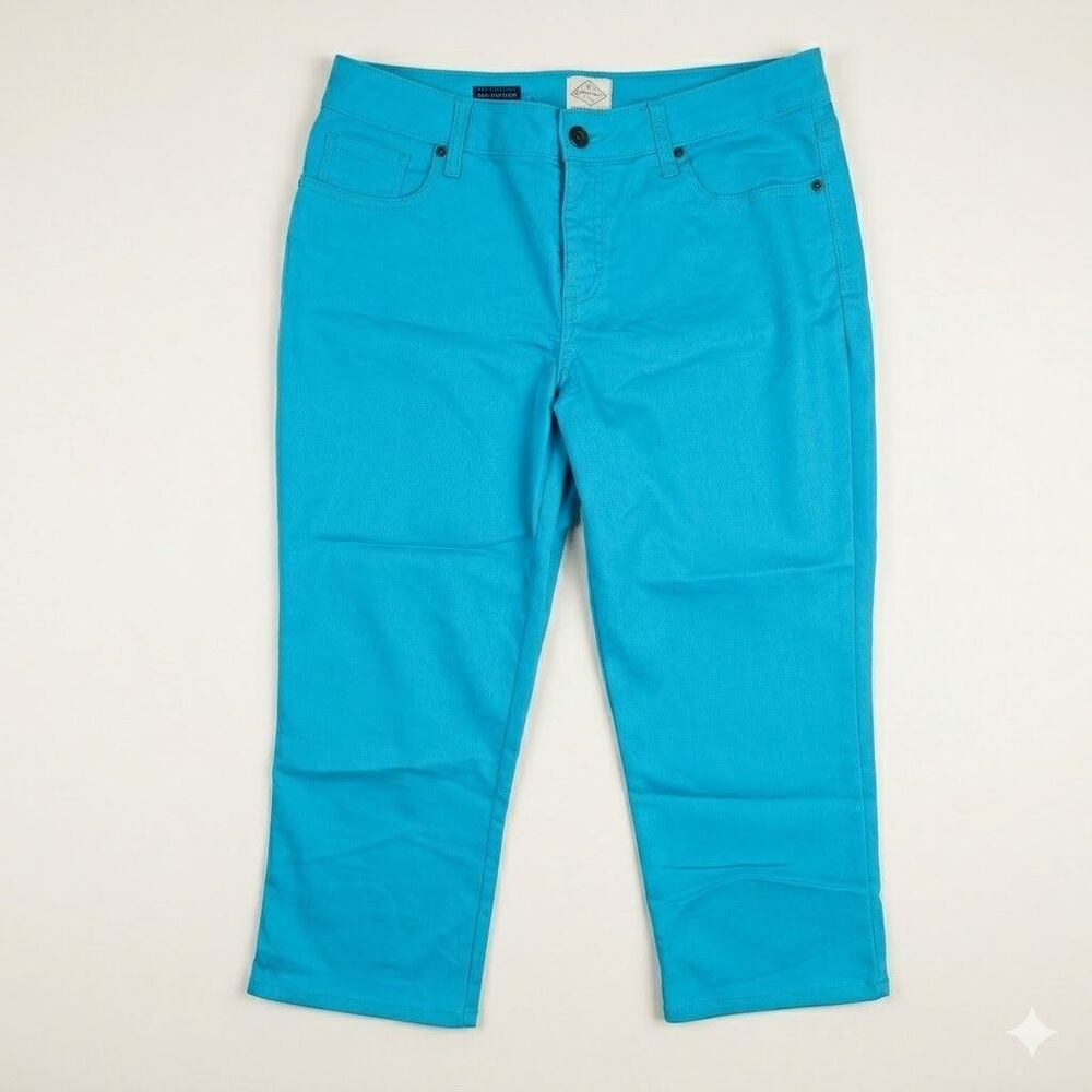 St Johns Bay Cropped Pants Womens 14 Blue Stretch Capri Slim Casual